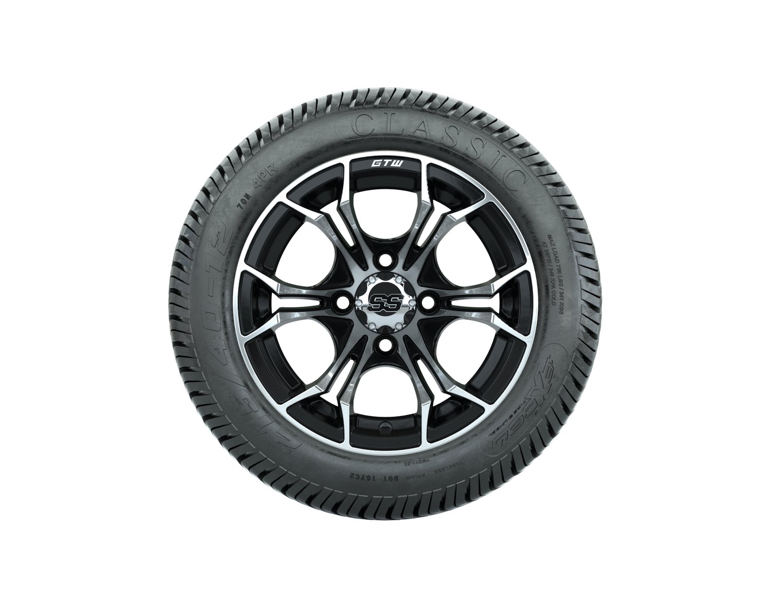 A19-494 WHEEL, 12X7 SPYDER, ET-.25 MFB W:SS CAP, TIRE, 215/40-12 4PR EXCEL CLASSIC, 12", Street