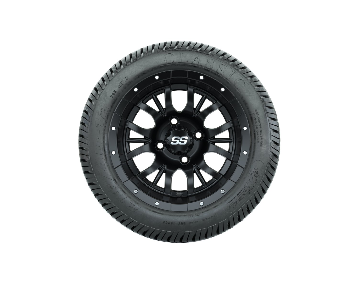 40280 A19-542 WHEEL, 12X7 DIESEL, MATTE BLACK W:SS CAP, TIRE, 215/40-12 4PR EXCEL CLASSIC, 12", Street