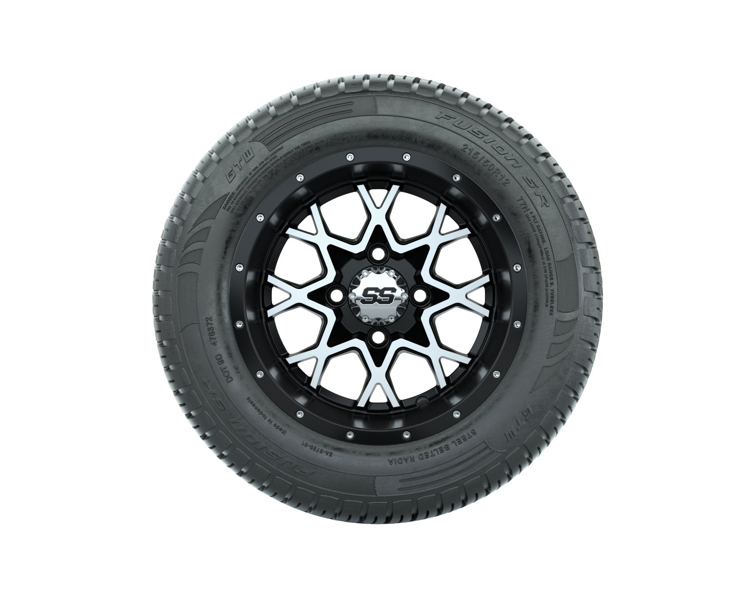 A19-566 VORTEX 2 WHEEL, 12X7 MATTE BLACK:MATTE MACHINED, TIRE, 215/50-R12 FUSION S:R STEEL BELT RADIAL, DOT, 12", Street