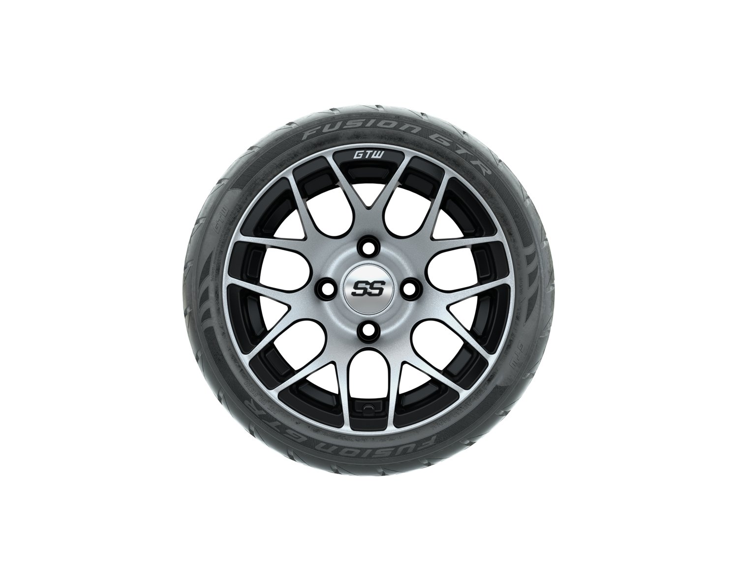 20-053 A19-605 GTW Pursuit 12x7 Machined Black Wheel, TIRE, 215/40-R12 FUSION GTR STEEL BELT RADIAL DOT, 12", Street