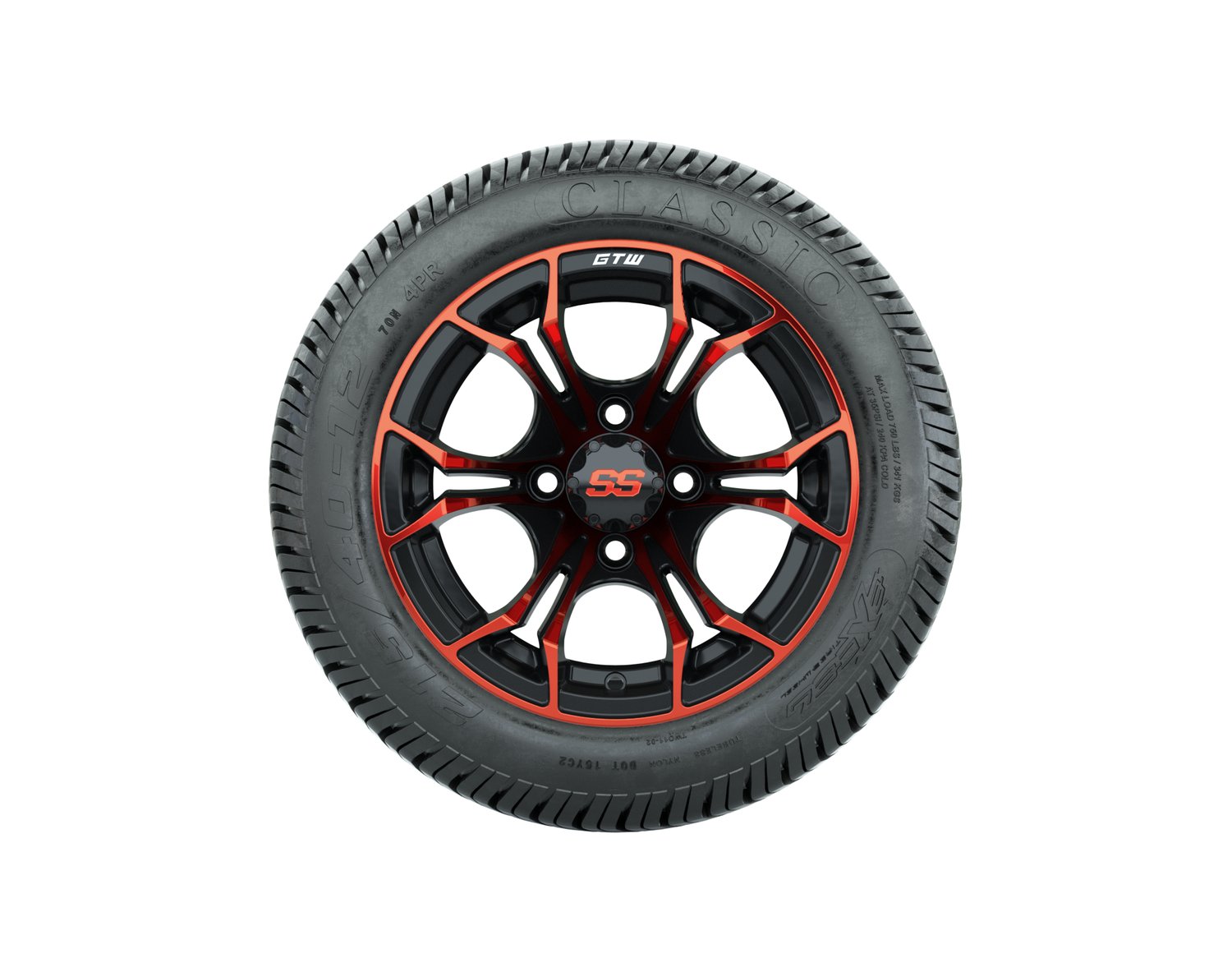 A19-703 WHEEL, 12X7 SPYDER, ET-.25 BLK:RED W:SS CAP, TIRE, 215/40-12 4PR EXCEL CLASSIC, 12", Street
