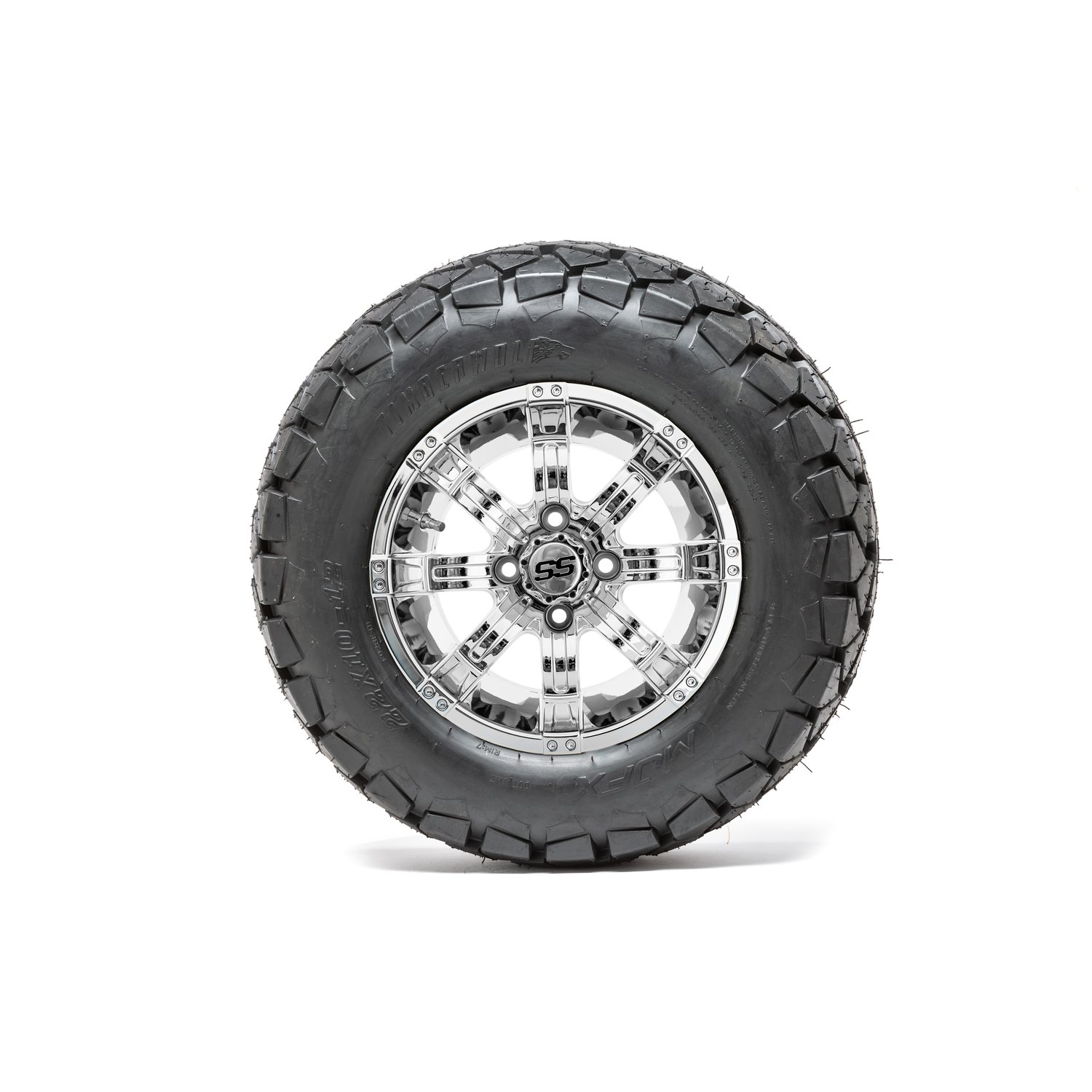 20-070 A19-366 GTW 12" Tempest Chrome Wheels with 22" Timberwolf Mud Tires