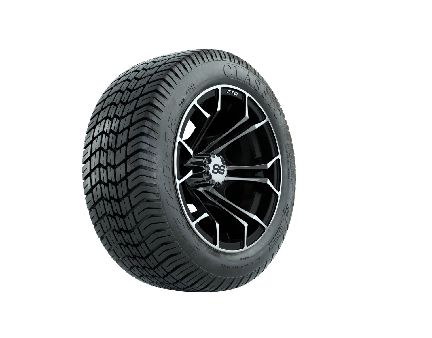 A19-494 WHEEL, 12X7 SPYDER, ET-.25 MFB W:SS CAP, TIRE, 215/40-12 4PR EXCEL CLASSIC, 12", Street
