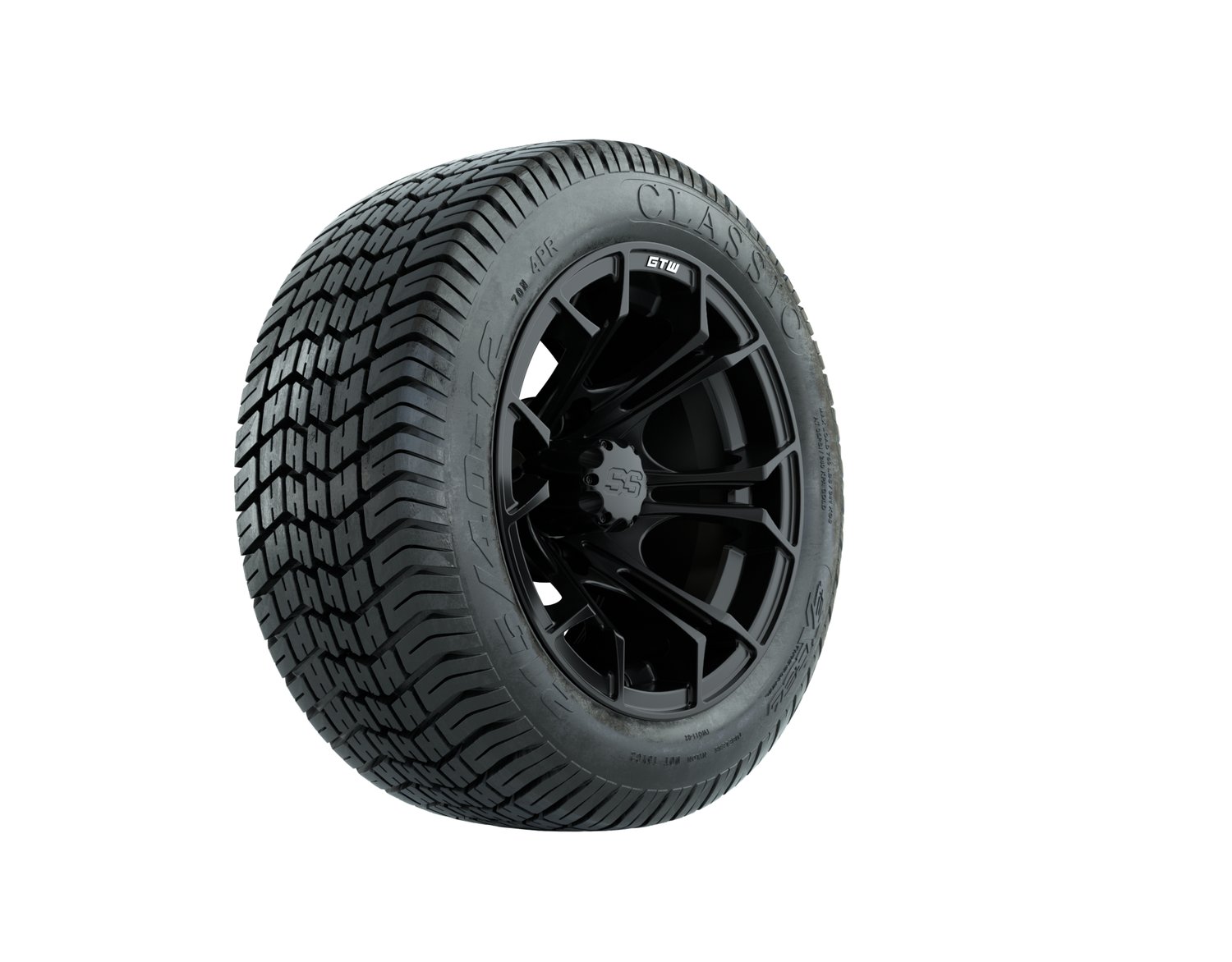 A19-535 WHEEL, 12X7 SPYDER ET-.25, MATTE BLK W:SS CAP, TIRE, 215/40-12 4PR EXCEL CLASSIC, 12", Street