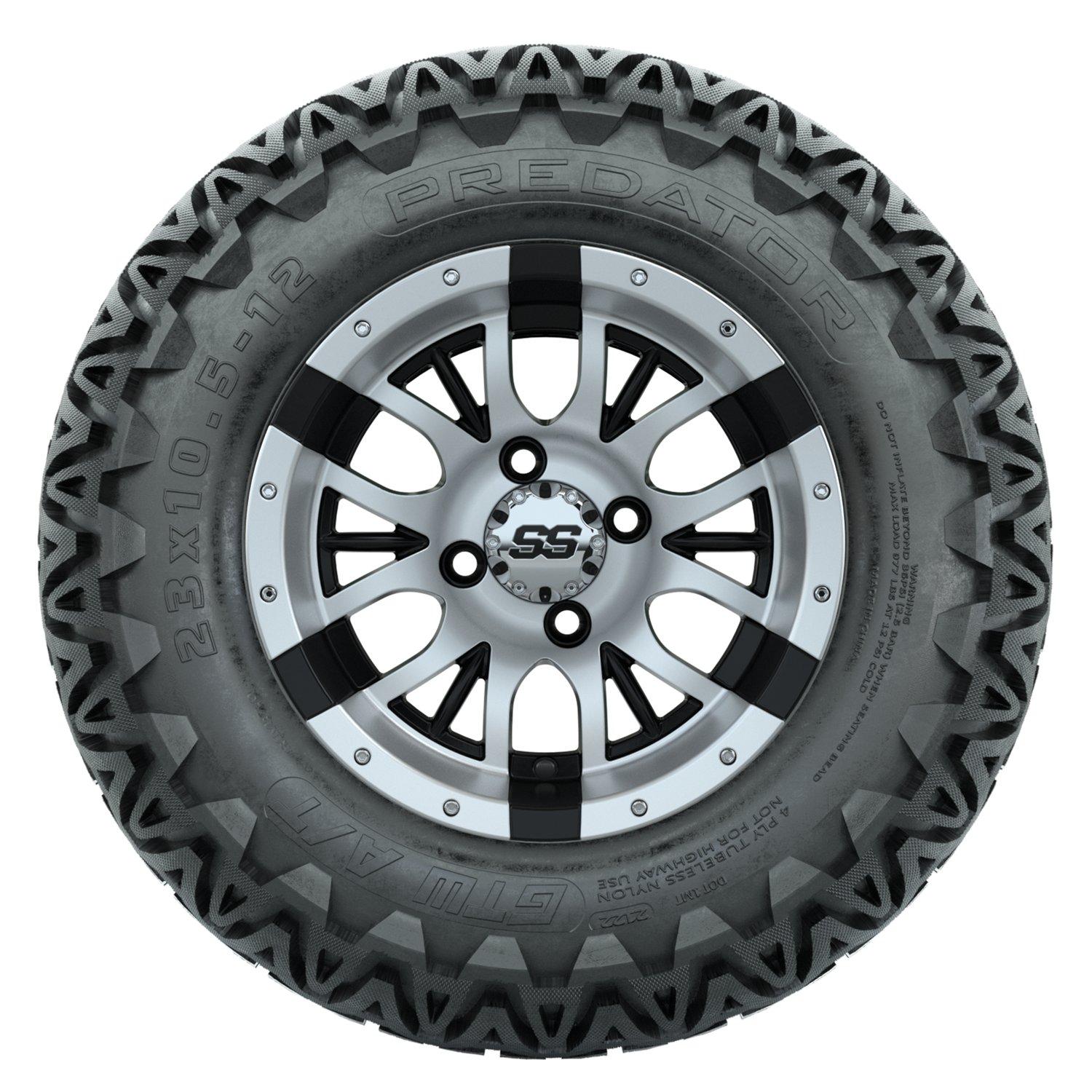 20-060 A19-664 WHEEL, 12X7 DIESEL MFB W:SS CAP, TIRE, 23x10.5-12 PREDATOR A:T, GTW 4PR, 12", AT
