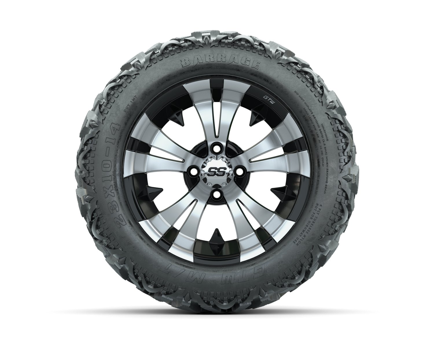 19-168 A19-275 14 GTW Vampire 14x7 Machined Black Wheel Barrage Series 23x10-14 Mud Tire 4-ply