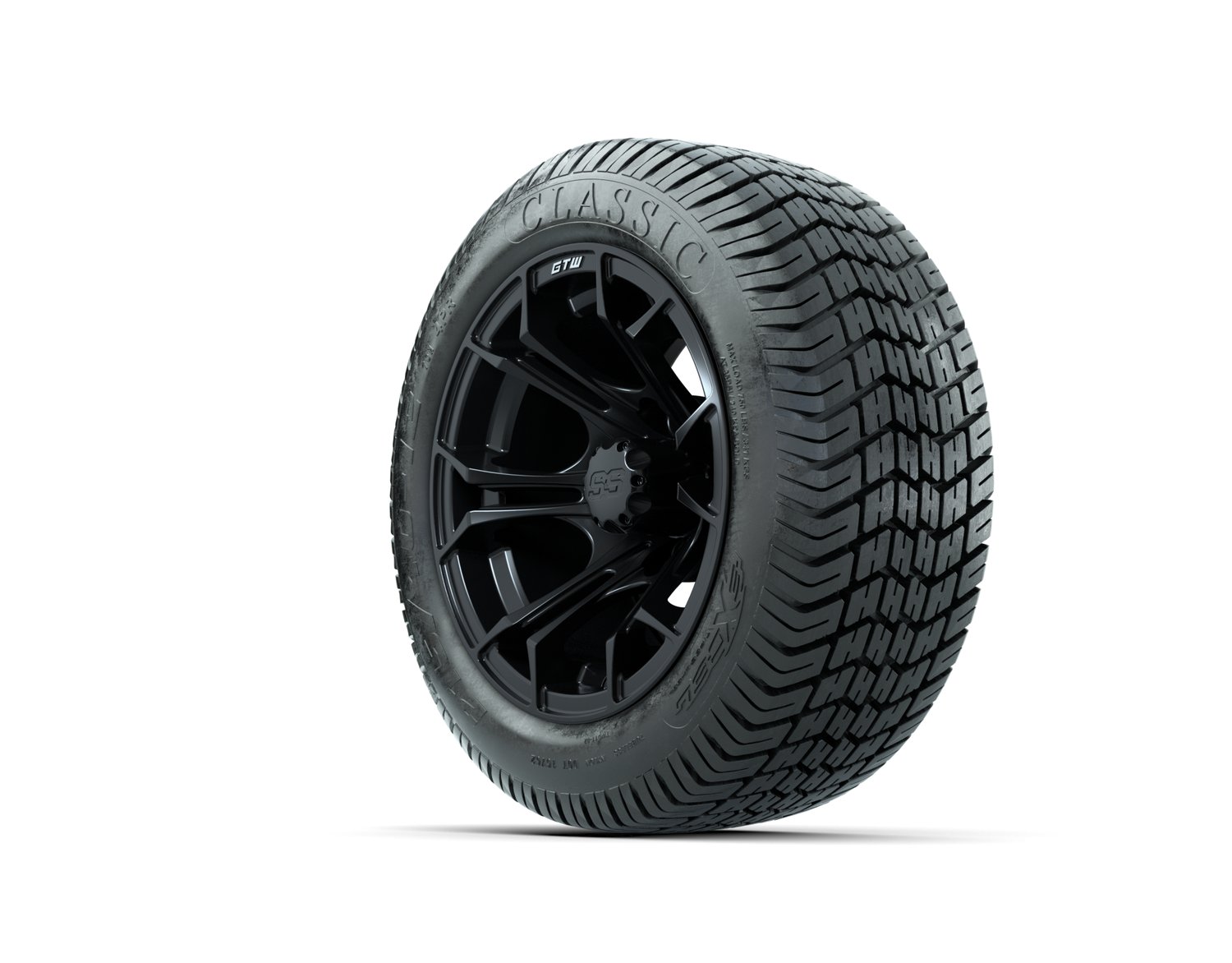 A19-535 WHEEL, 12X7 SPYDER ET-.25, MATTE BLK W:SS CAP, TIRE, 215/40-12 4PR EXCEL CLASSIC, 12", Street