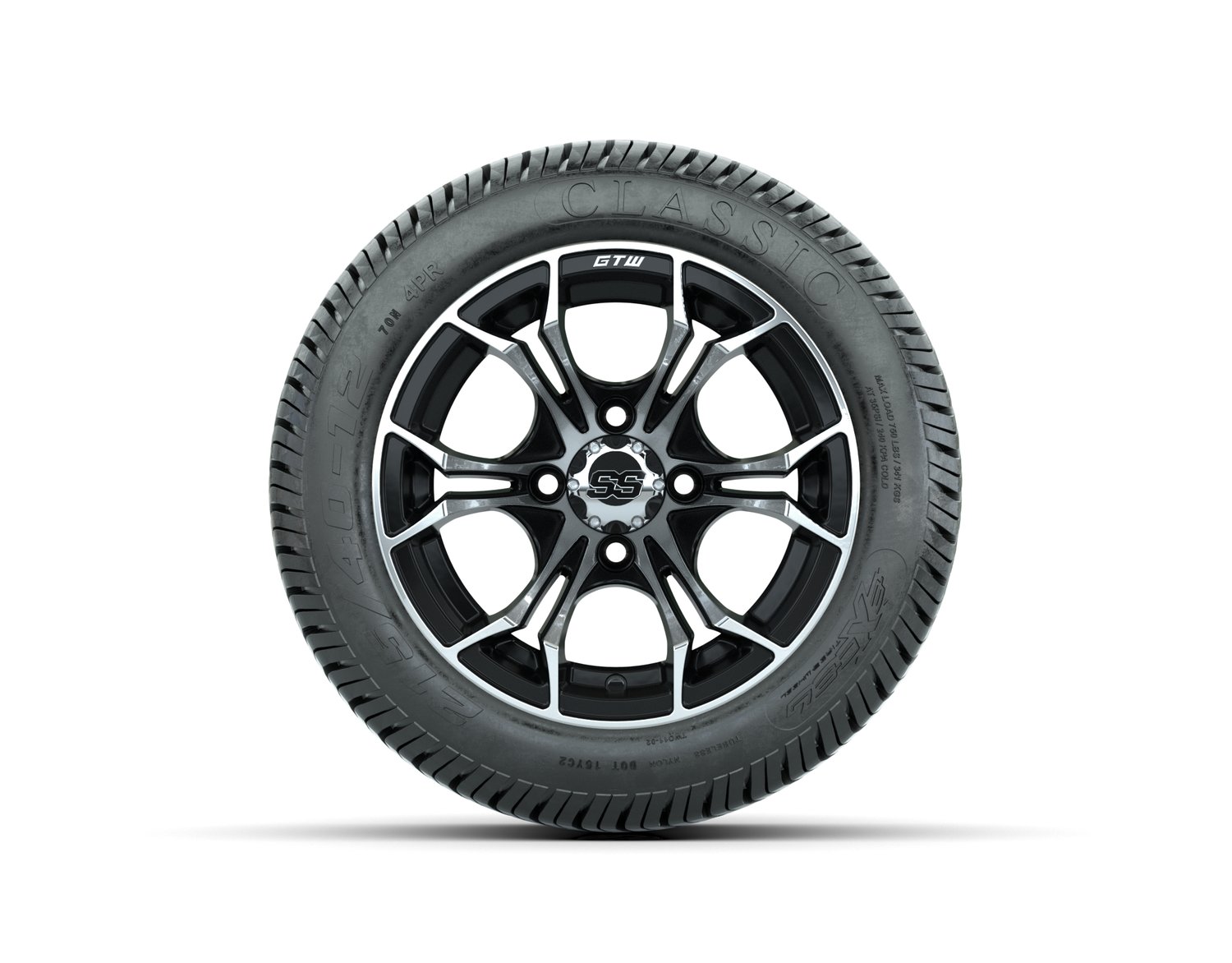 A19-494 WHEEL, 12X7 SPYDER, ET-.25 MFB W:SS CAP, TIRE, 215/40-12 4PR EXCEL CLASSIC, 12", Street