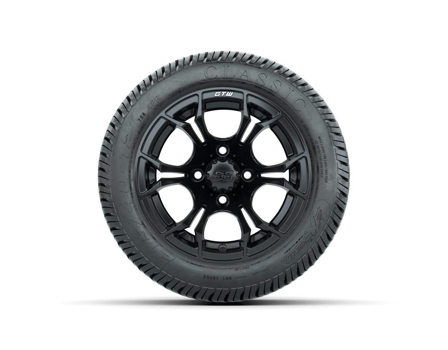 A19-535 WHEEL, 12X7 SPYDER ET-.25, MATTE BLK W:SS CAP, TIRE, 215/40-12 4PR EXCEL CLASSIC, 12", Street