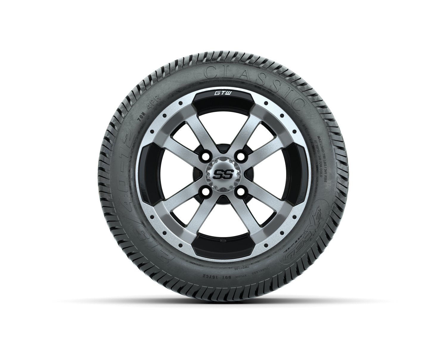 A19-642 GTW Storm Trooper 12x7 Machined Black Wheel, TIRE, 215/40-12 4PR EXCEL CLASSIC, 12", Street