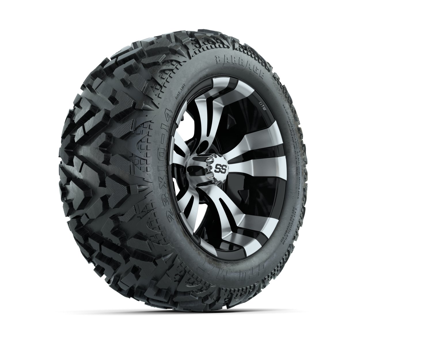 19-168 A19-275 14 GTW Vampire 14x7 Machined Black Wheel Barrage Series 23x10-14 Mud Tire 4-ply