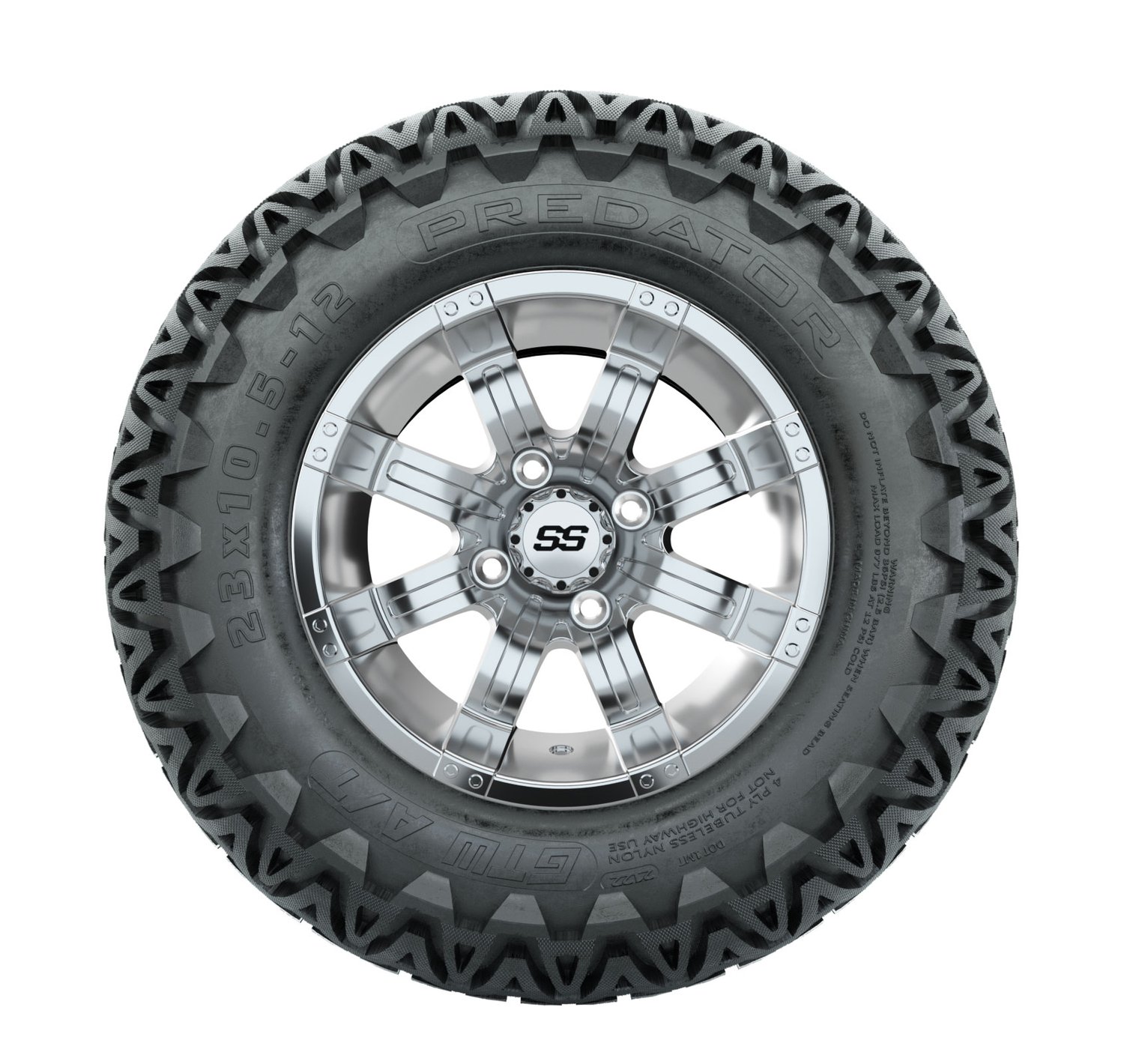 20-060 A19-365 GTW 12" Tempest Chrome Wheels with 23" Predator A/T Tires