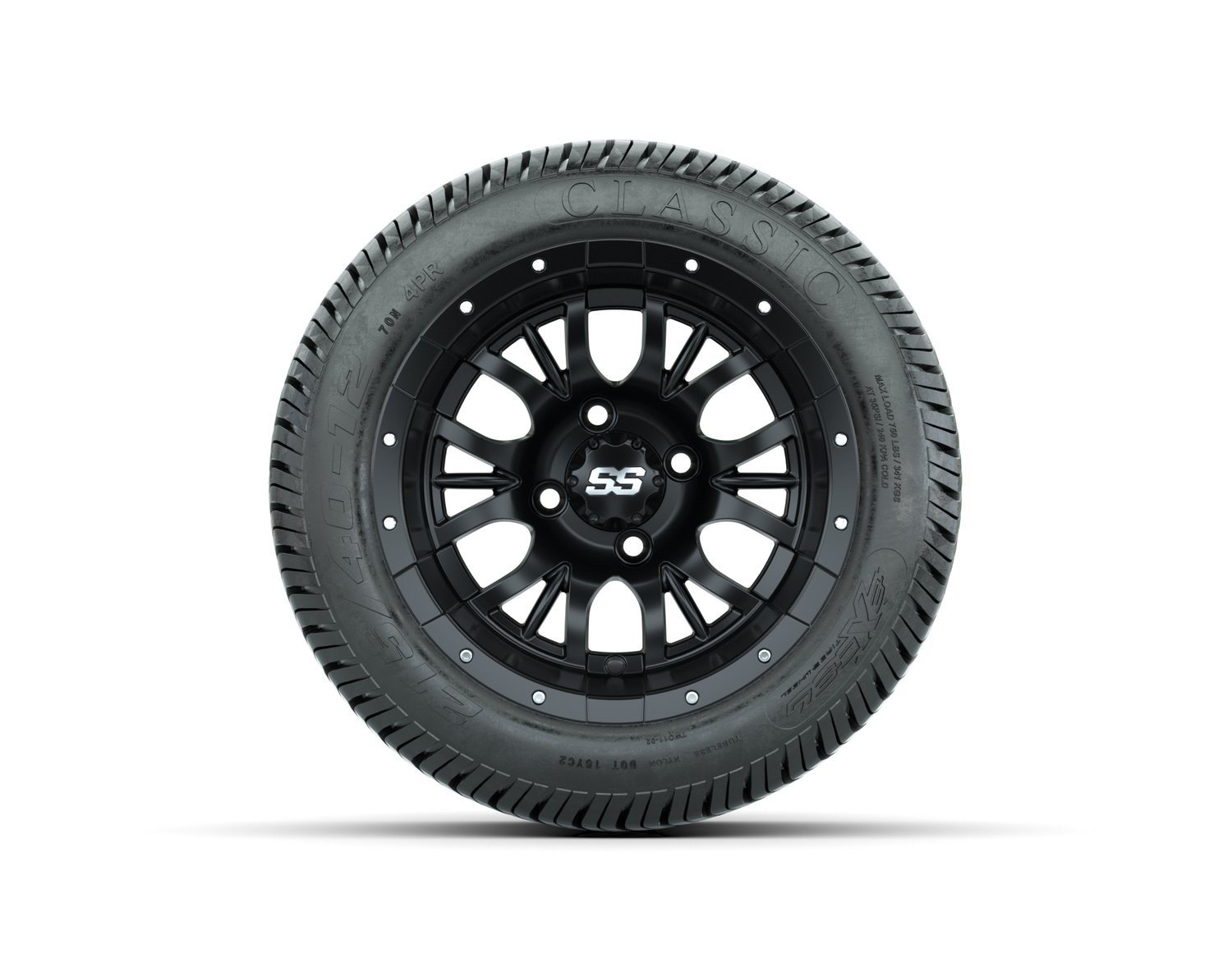 40280 A19-542 WHEEL, 12X7 DIESEL, MATTE BLACK W:SS CAP, TIRE, 215/40-12 4PR EXCEL CLASSIC, 12", Street