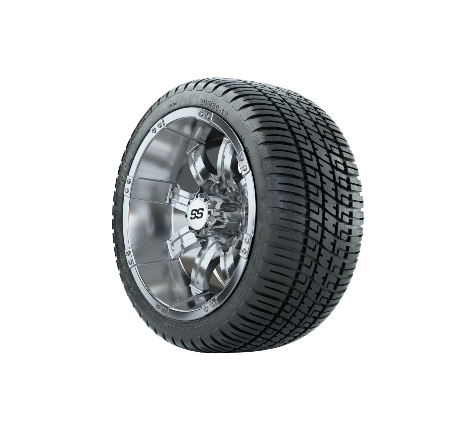 20-043 A19-369 GTW 12" Tempest Chrome Wheels with 205/30-12 (18") Fusion Street Tires
