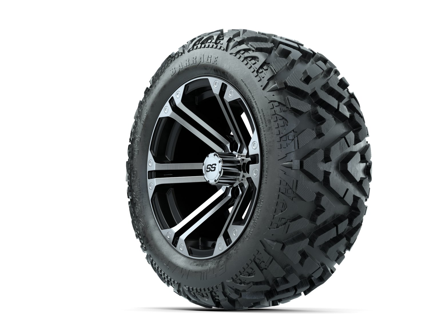 19-153 A19-271 14 GTW Specter 14x7 Machined Black Wheel Barrage Series 23x10-14 Mud Tire 4-ply 19-153 20-031