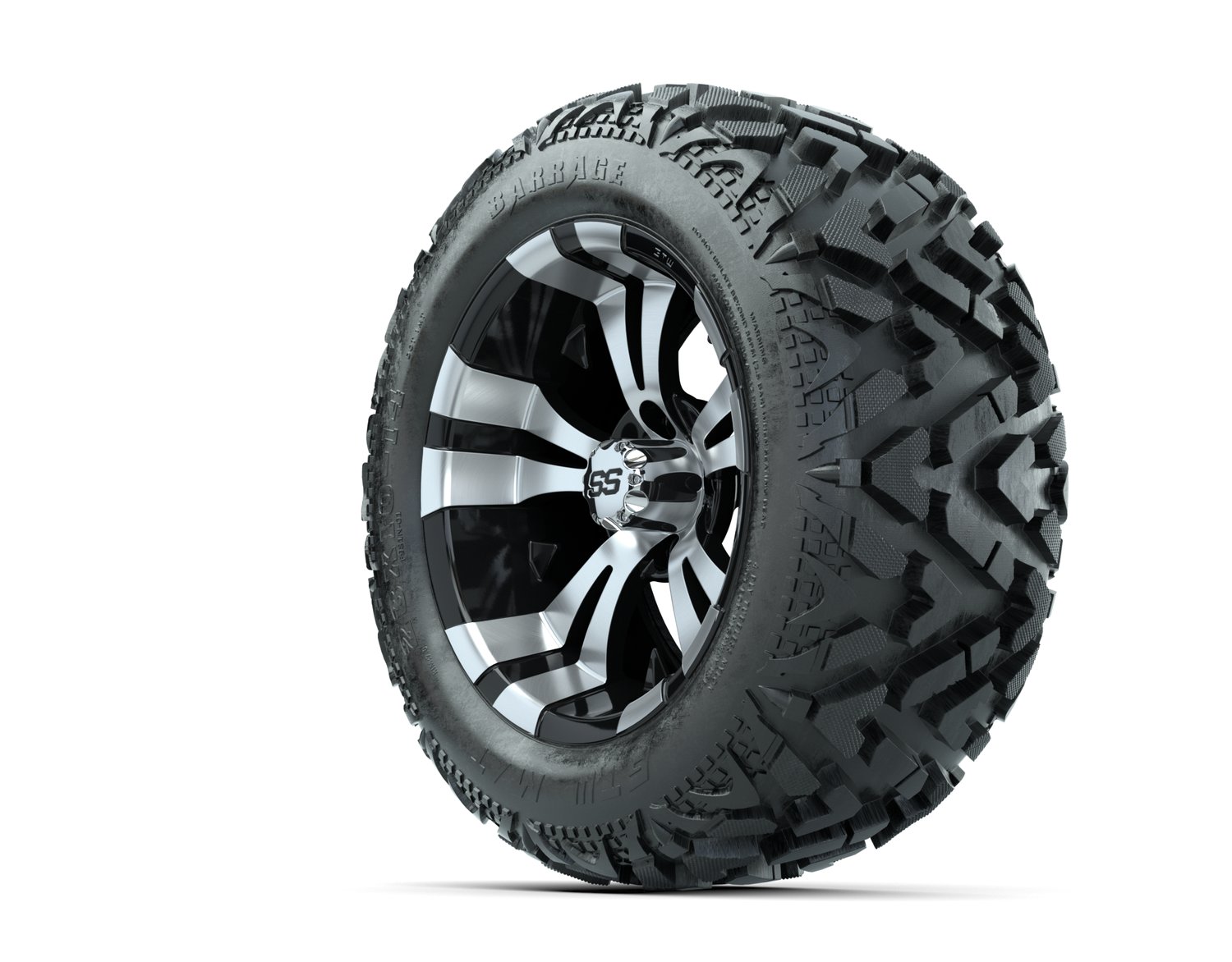 19-168 A19-275 14 GTW Vampire 14x7 Machined Black Wheel Barrage Series 23x10-14 Mud Tire 4-ply