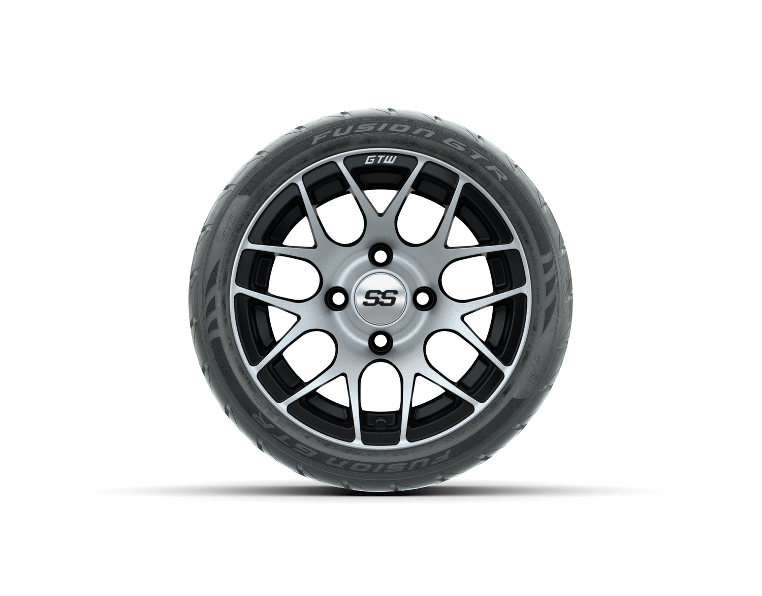 20-053 A19-605 GTW Pursuit 12x7 Machined Black Wheel, TIRE, 215/40-R12 FUSION GTR STEEL BELT RADIAL DOT, 12", Street