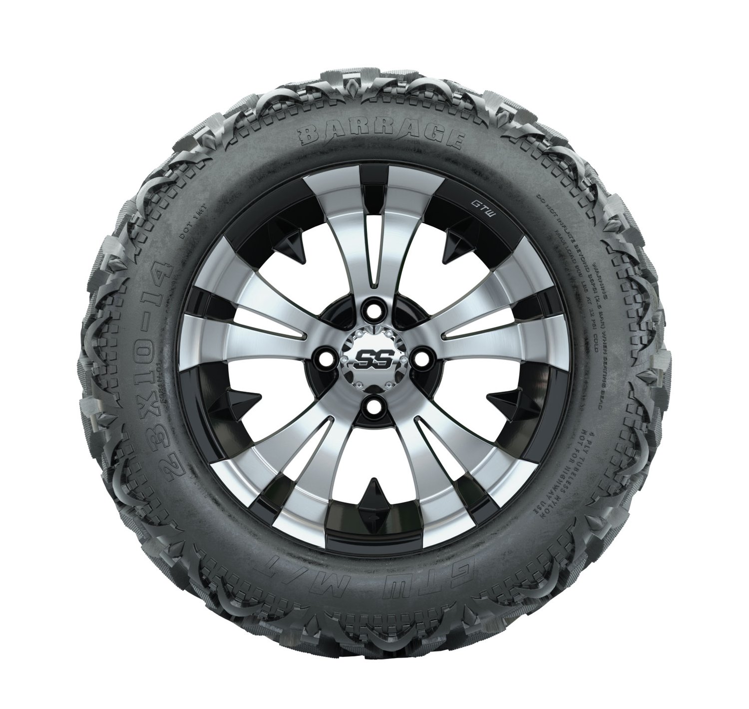 19-168 A19-275 14 GTW Vampire 14x7 Machined Black Wheel Barrage Series 23x10-14 Mud Tire 4-ply