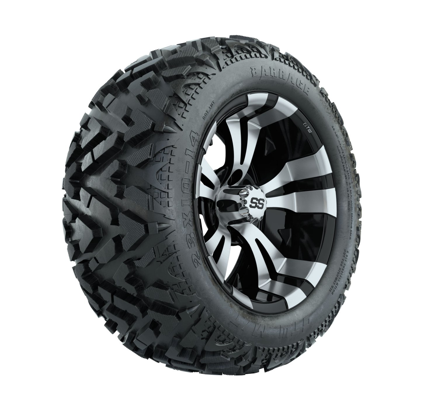 19-168 A19-275 14 GTW Vampire 14x7 Machined Black Wheel Barrage Series 23x10-14 Mud Tire 4-ply