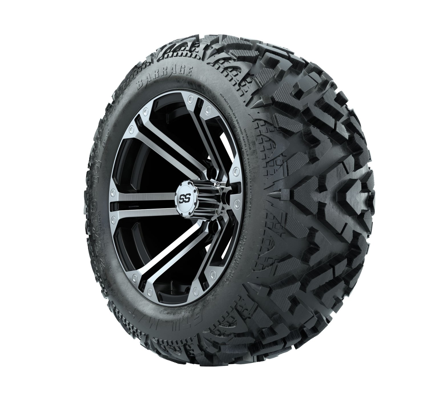 19-153 A19-271 14 GTW Specter 14x7 Machined Black Wheel Barrage Series 23x10-14 Mud Tire 4-ply 19-153 20-031