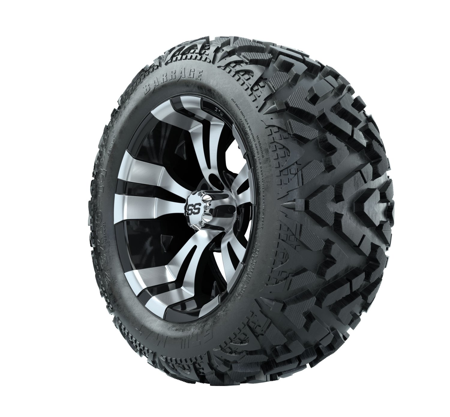 19-168 A19-275 14 GTW Vampire 14x7 Machined Black Wheel Barrage Series 23x10-14 Mud Tire 4-ply